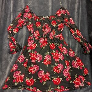 Floral Off-Shoulder Kids Dress - Black with Red and Pink Flowers